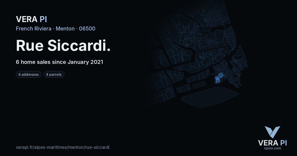 Rue Siccardi, Menton at night – every parcel coloured by the prices around it, the street's own parcels lit