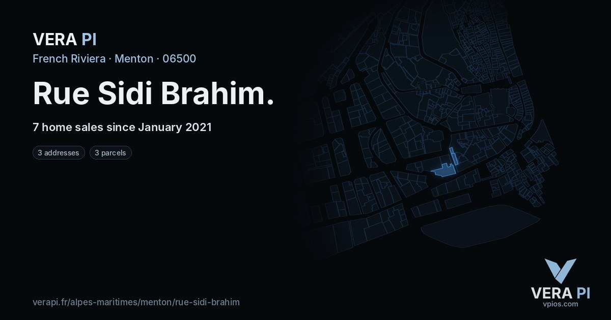 Rue Sidi Brahim, Menton at night – every parcel coloured by the prices around it, the street's own parcels lit