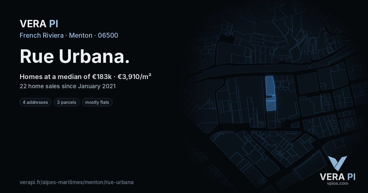 Rue Urbana, Menton at night – every parcel coloured by the prices around it, the street's own parcels lit