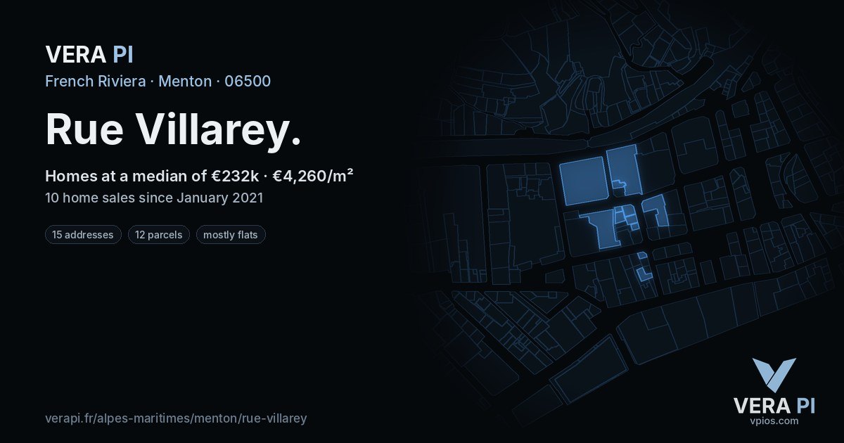 Rue Villarey, Menton at night – every parcel coloured by the prices around it, the street's own parcels lit