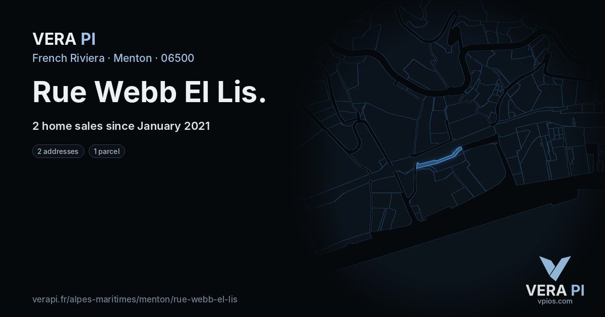 Rue Webb El Lis, Menton at night – every parcel coloured by the prices around it, the street's own parcels lit