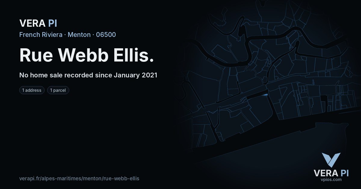 Rue Webb Ellis, Menton at night – every parcel coloured by the prices around it, the street's own parcels lit