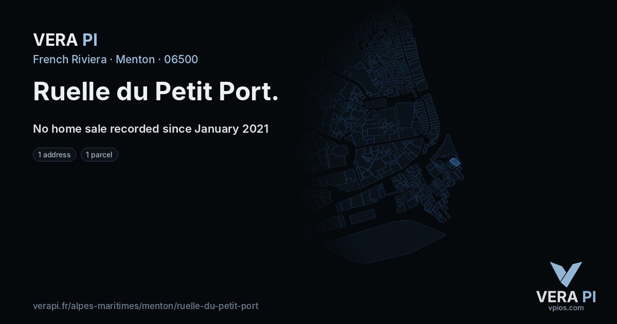 Ruelle du Petit Port, Menton at night – every parcel coloured by the prices around it, the street's own parcels lit