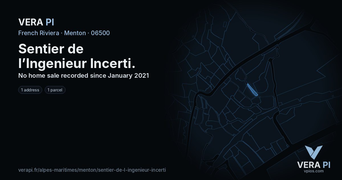 Sentier de l’Ingenieur Incerti, Menton at night – every parcel coloured by the prices around it, the street's own parcels lit
