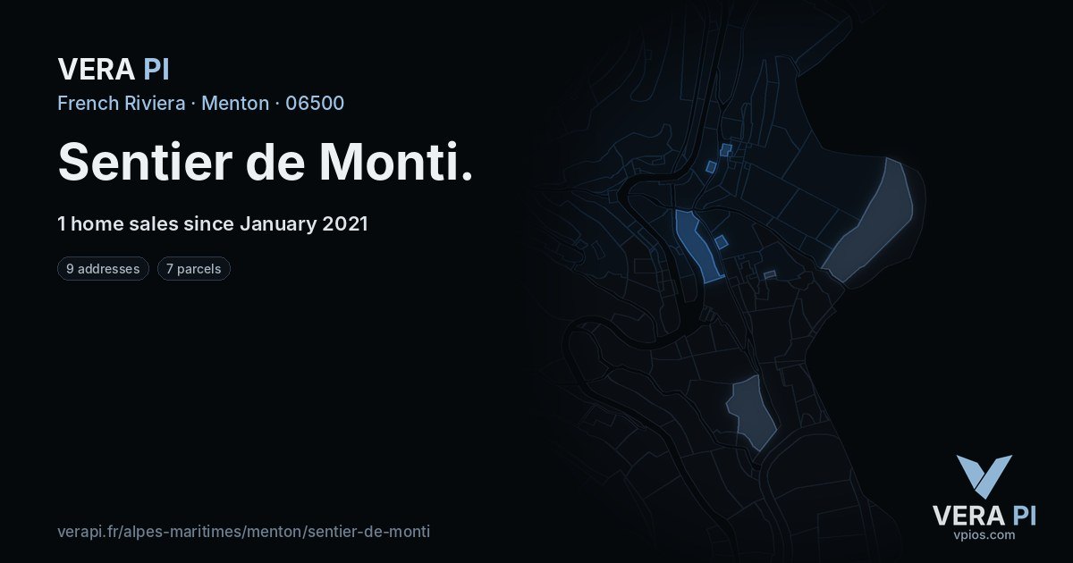 Sentier de Monti, Menton at night – every parcel coloured by the prices around it, the street's own parcels lit