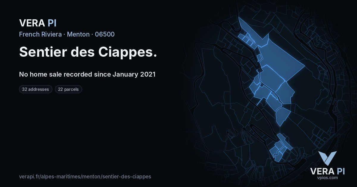 Sentier des Ciappes, Menton at night – every parcel coloured by the prices around it, the street's own parcels lit