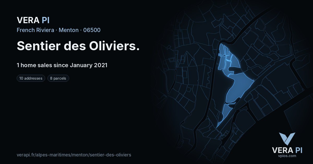 Sentier des Oliviers, Menton at night – every parcel coloured by the prices around it, the street's own parcels lit