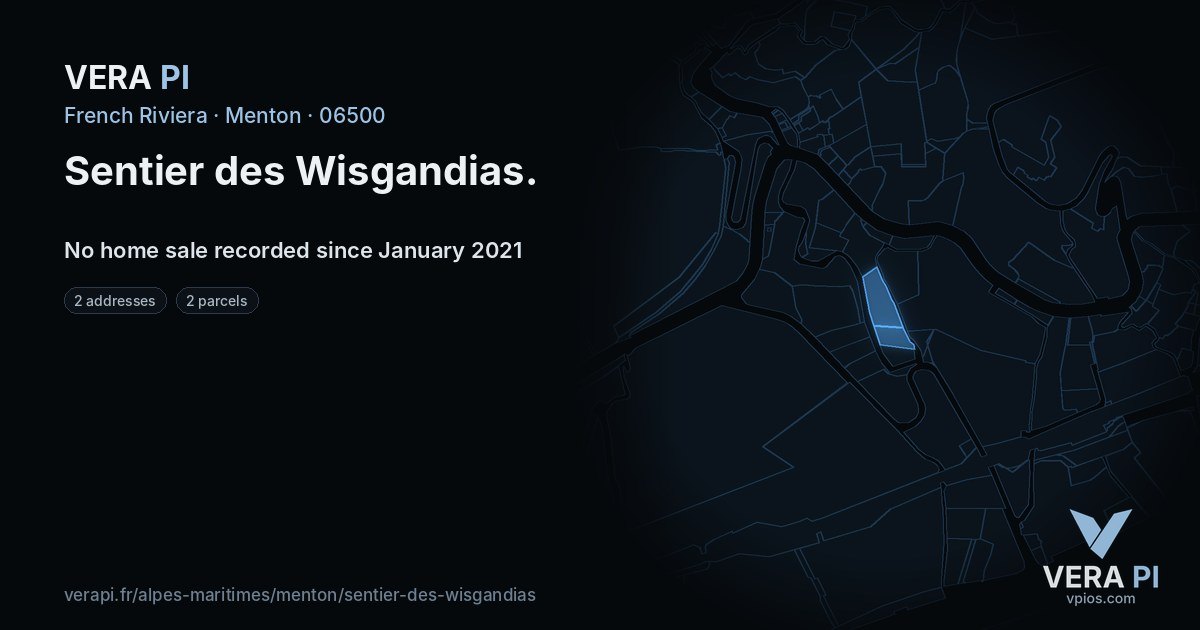 Sentier des Wisgandias, Menton at night – every parcel coloured by the prices around it, the street's own parcels lit