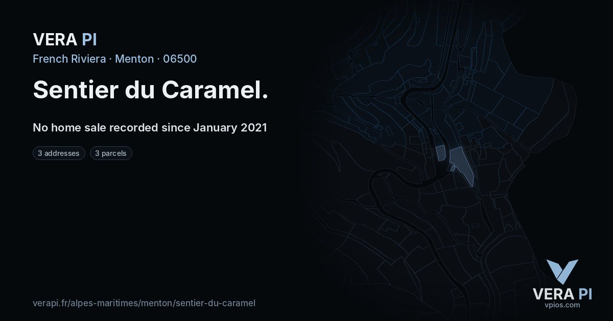 Sentier du Caramel, Menton at night – every parcel coloured by the prices around it, the street's own parcels lit