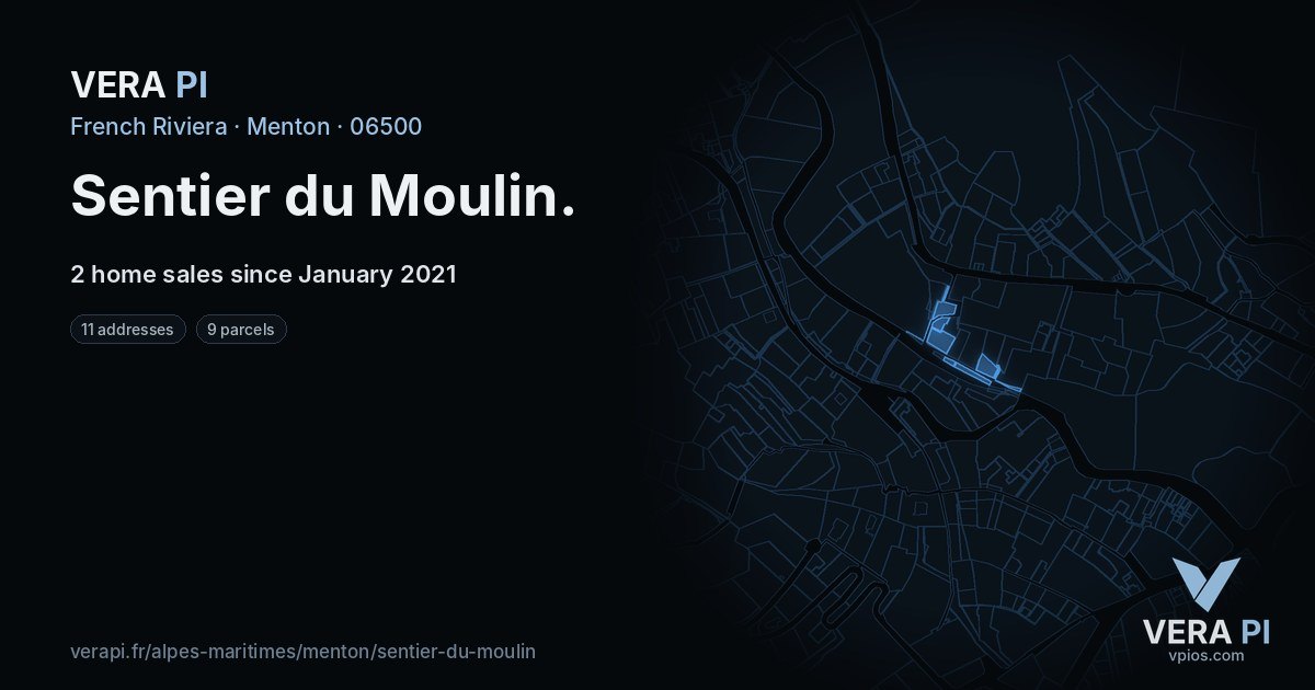 Sentier du Moulin, Menton at night – every parcel coloured by the prices around it, the street's own parcels lit
