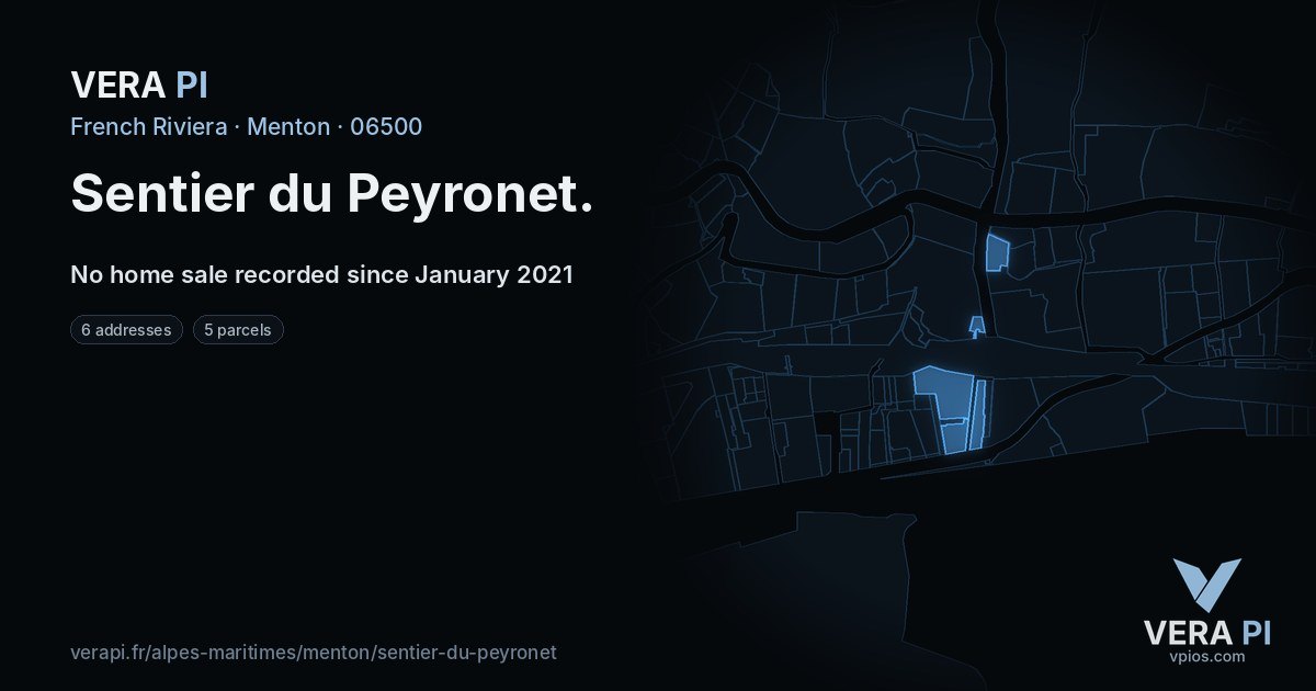 Sentier du Peyronet, Menton at night – every parcel coloured by the prices around it, the street's own parcels lit