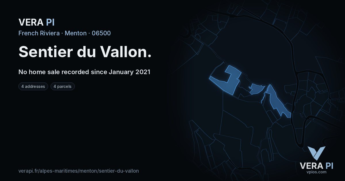 Sentier du Vallon, Menton at night – every parcel coloured by the prices around it, the street's own parcels lit