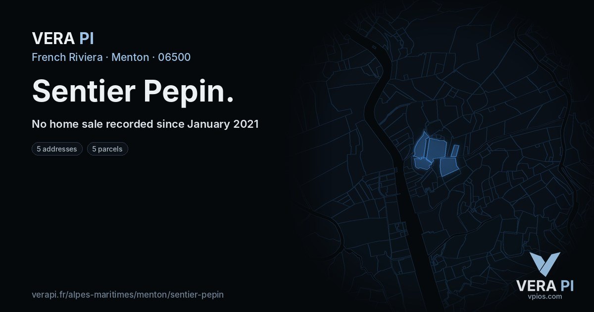 Sentier Pepin, Menton at night – every parcel coloured by the prices around it, the street's own parcels lit