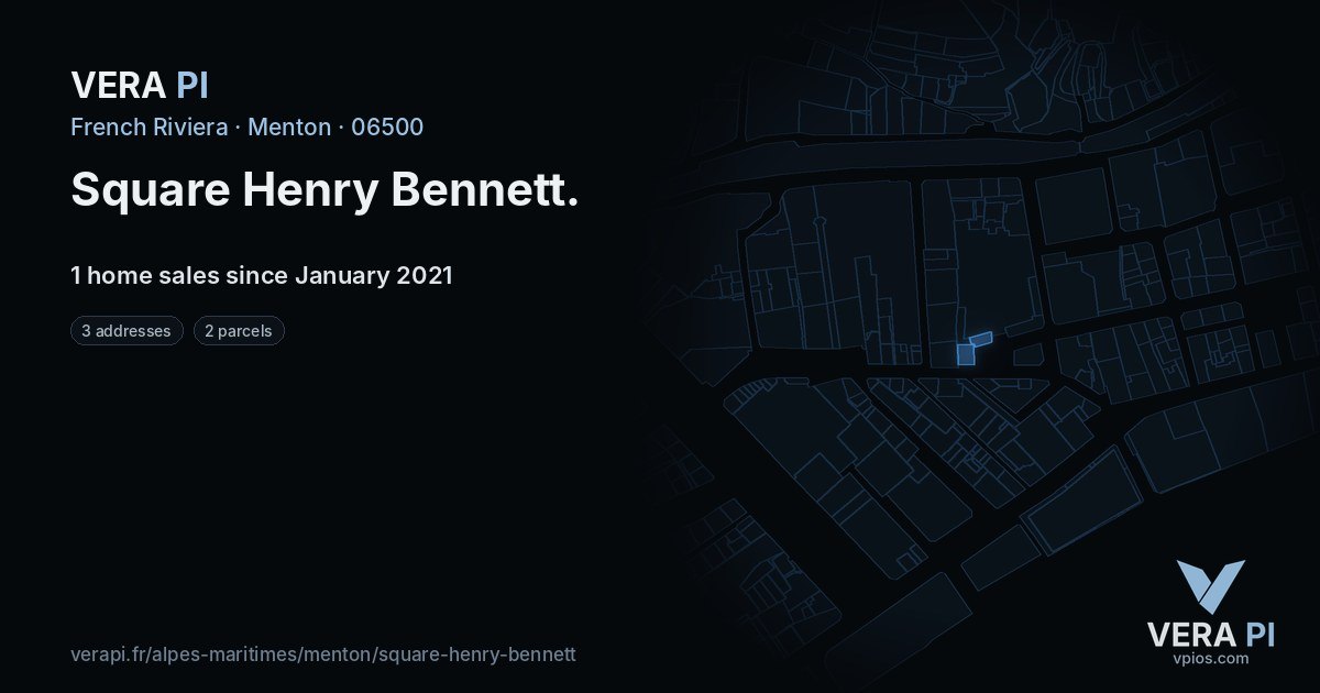 Square Henry Bennett, Menton at night – every parcel coloured by the prices around it, the street's own parcels lit