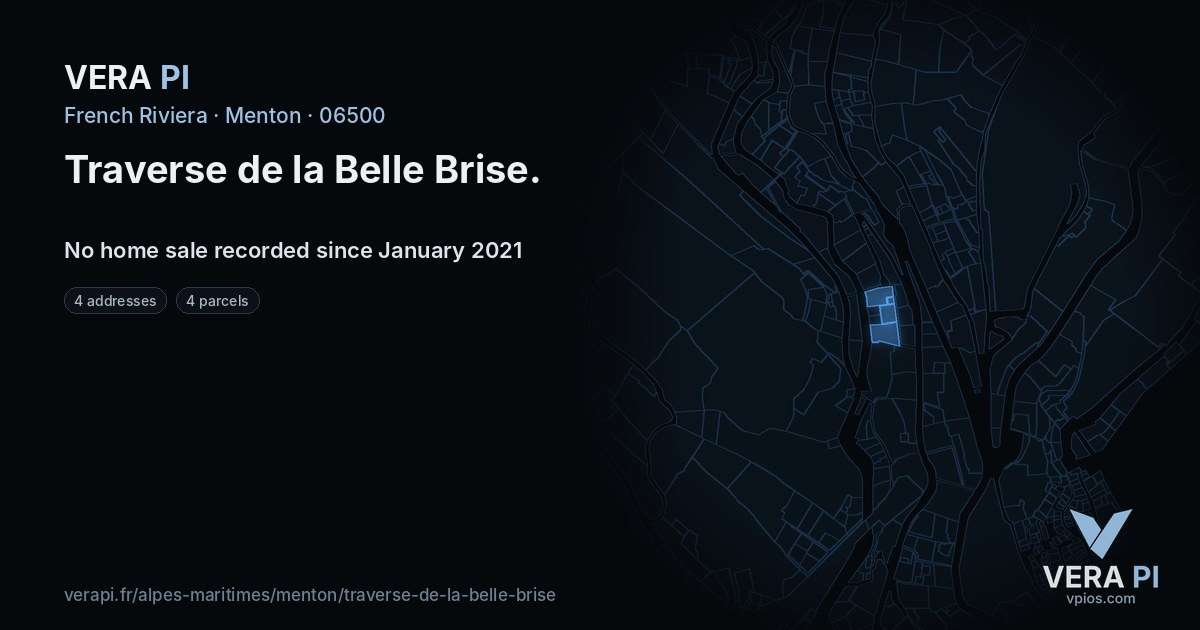 Traverse de la Belle Brise, Menton at night – every parcel coloured by the prices around it, the street's own parcels lit