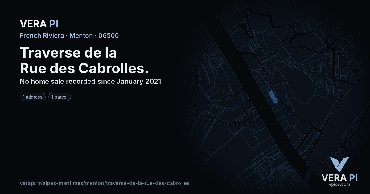 Traverse de la Rue des Cabrolles, Menton at night – every parcel coloured by the prices around it, the street's own parcels lit