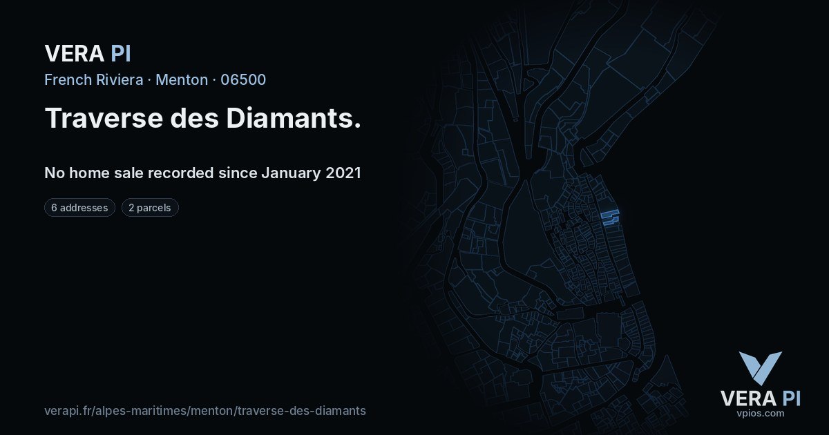 Traverse des Diamants, Menton at night – every parcel coloured by the prices around it, the street's own parcels lit