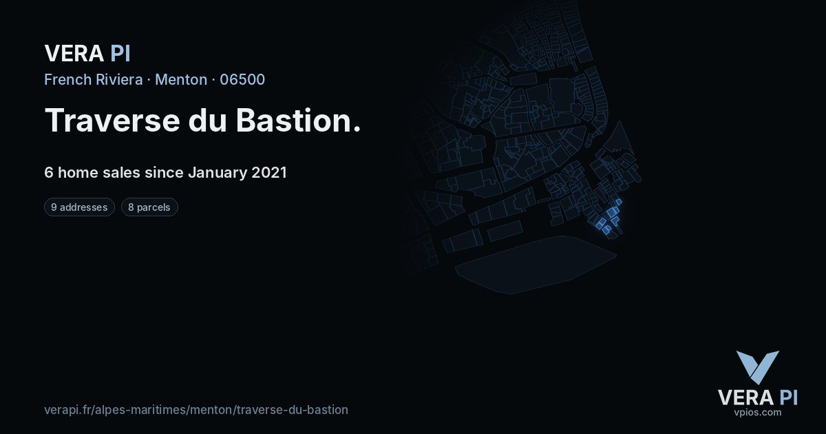 Traverse du Bastion, Menton at night – every parcel coloured by the prices around it, the street's own parcels lit