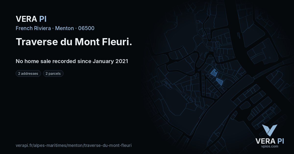 Traverse du Mont Fleuri, Menton at night – every parcel coloured by the prices around it, the street's own parcels lit