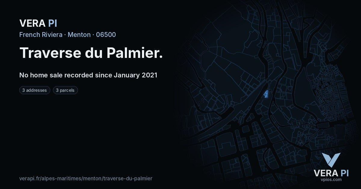 Traverse du Palmier, Menton at night – every parcel coloured by the prices around it, the street's own parcels lit