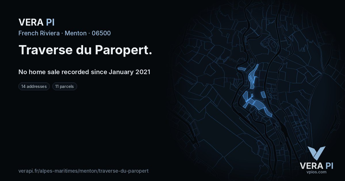 Traverse du Paropert, Menton at night – every parcel coloured by the prices around it, the street's own parcels lit