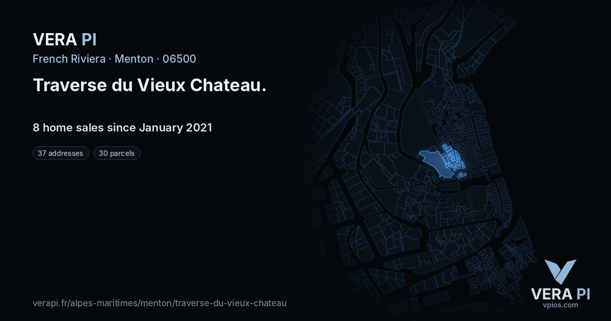 Traverse du Vieux Chateau, Menton at night – every parcel coloured by the prices around it, the street's own parcels lit