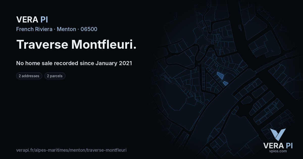 Traverse Montfleuri, Menton at night – every parcel coloured by the prices around it, the street's own parcels lit