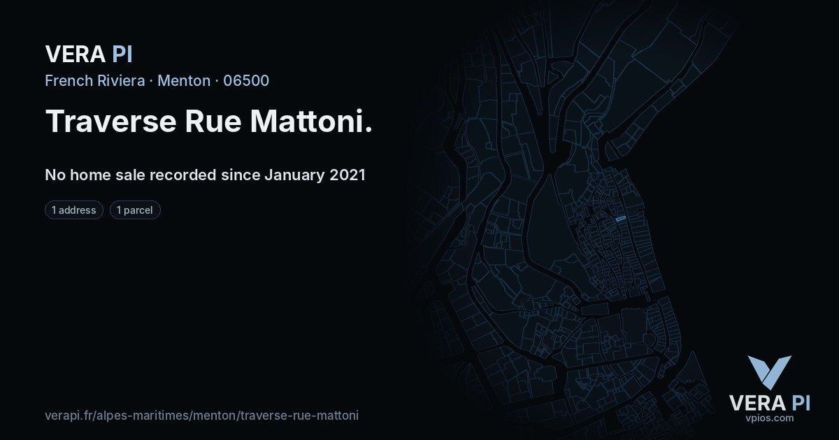 Traverse Rue Mattoni, Menton at night – every parcel coloured by the prices around it, the street's own parcels lit
