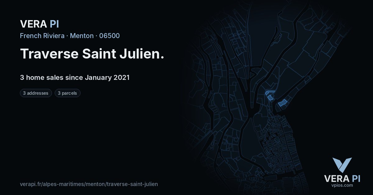 Traverse Saint Julien, Menton at night – every parcel coloured by the prices around it, the street's own parcels lit