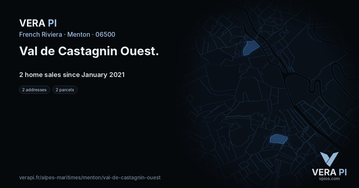 Val de Castagnin Ouest, Menton at night – every parcel coloured by the prices around it, the street's own parcels lit