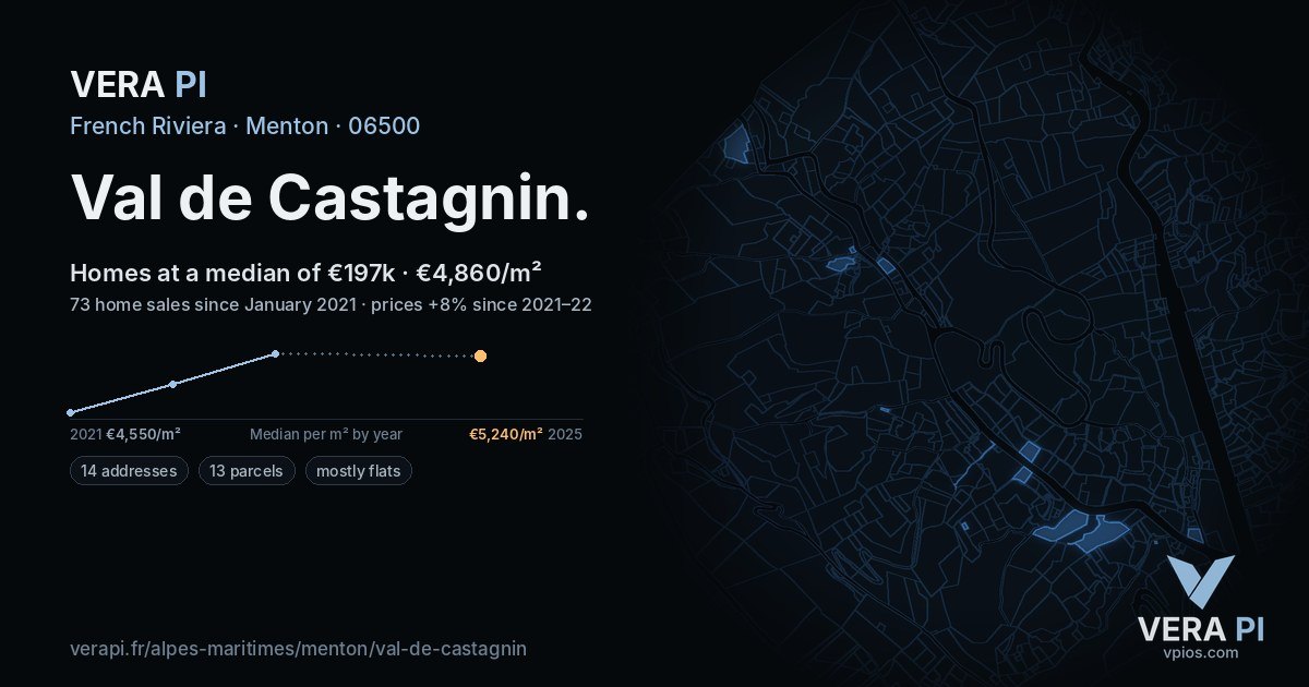 Val de Castagnin, Menton at night – every parcel coloured by the prices around it, the street's own parcels lit