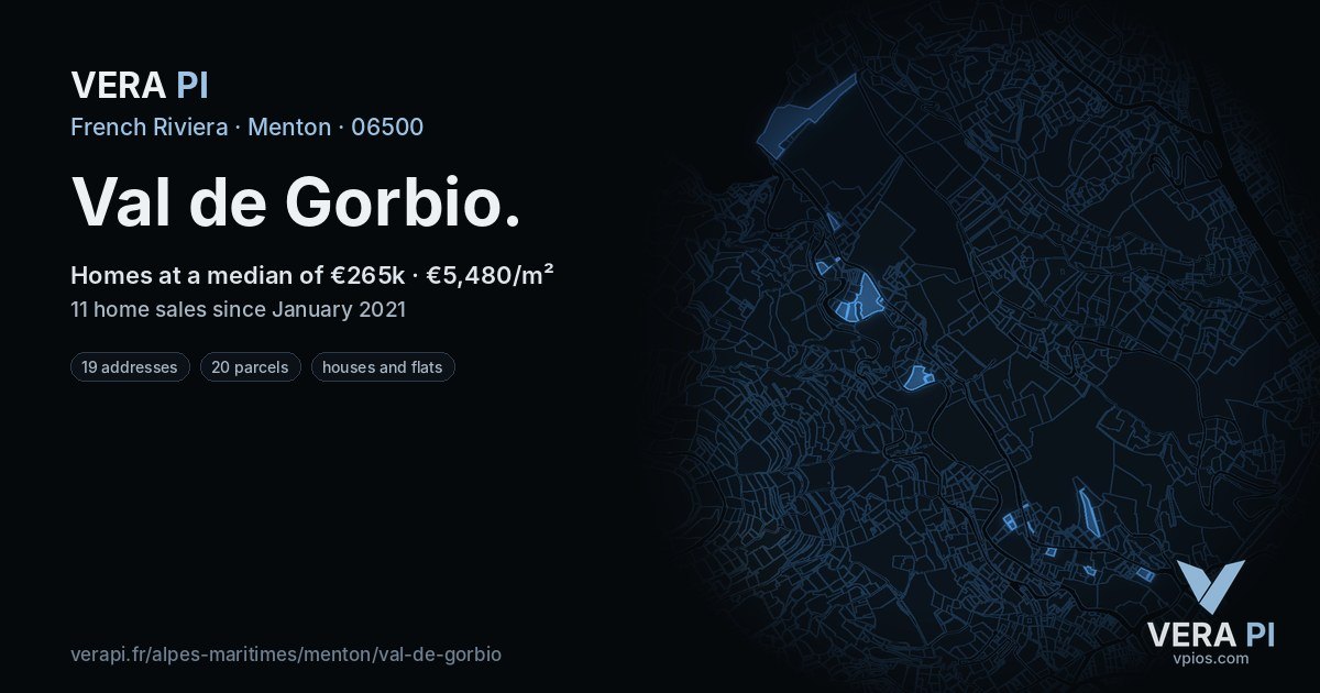 Val de Gorbio, Menton at night – every parcel coloured by the prices around it, the street's own parcels lit