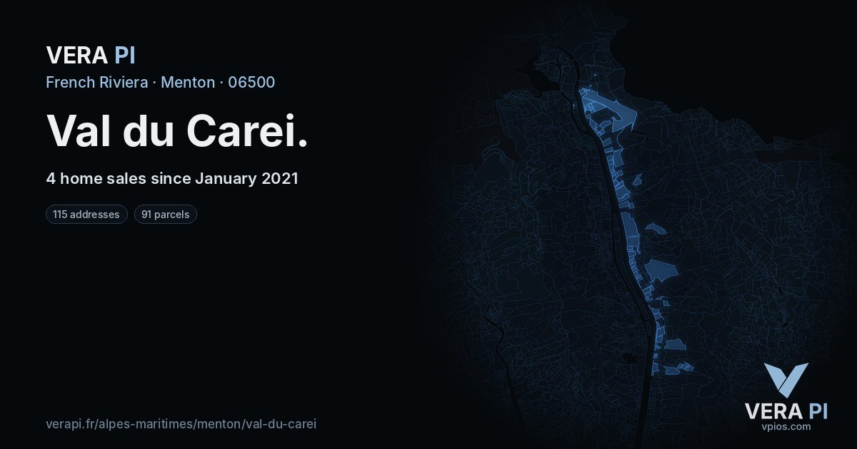 Val du Carei, Menton at night – every parcel coloured by the prices around it, the street's own parcels lit