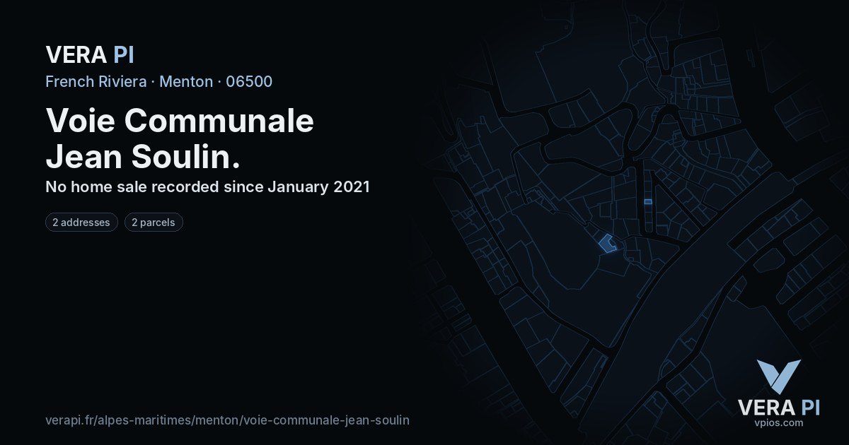 Voie Communale Jean Soulin, Menton at night – every parcel coloured by the prices around it, the street's own parcels lit