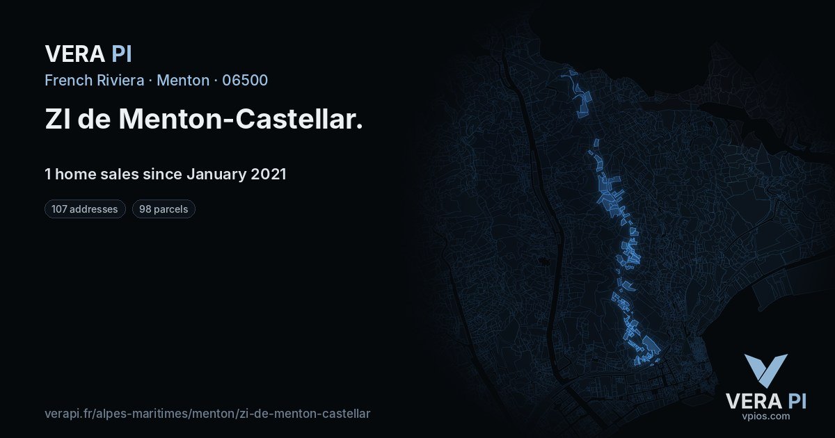 ZI de Menton-Castellar, Menton at night – every parcel coloured by the prices around it, the street's own parcels lit