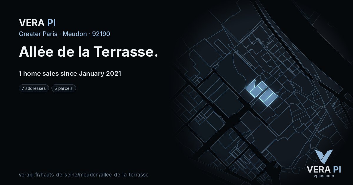 Allée de la Terrasse, Meudon at night – every parcel coloured by the prices around it, the street's own parcels lit