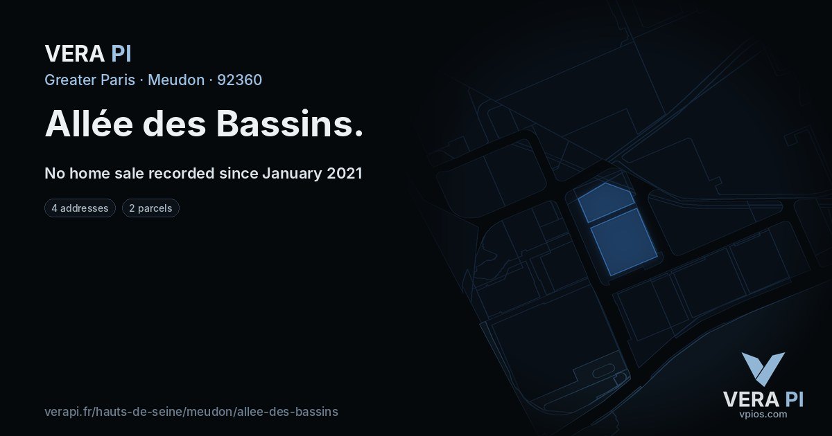 Allée des Bassins, Meudon at night – every parcel coloured by the prices around it, the street's own parcels lit