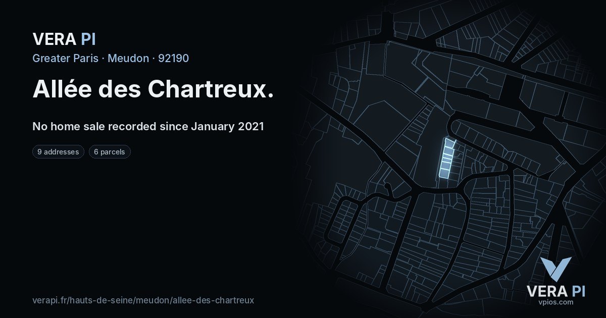 Allée des Chartreux, Meudon at night – every parcel coloured by the prices around it, the street's own parcels lit