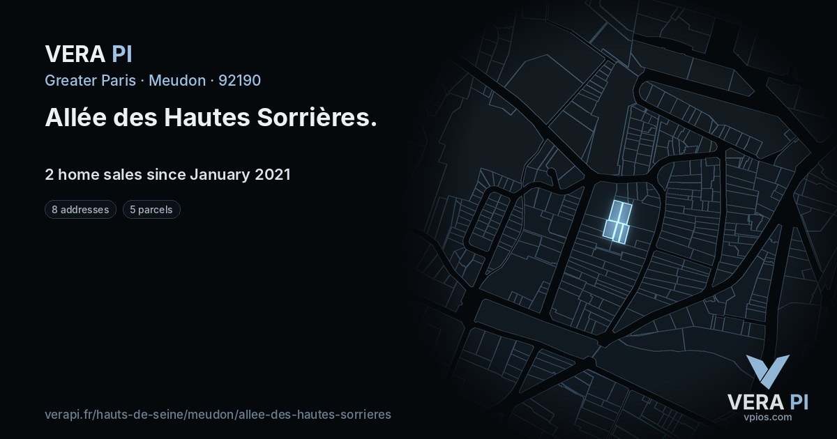Allée des Hautes Sorrières, Meudon at night – every parcel coloured by the prices around it, the street's own parcels lit