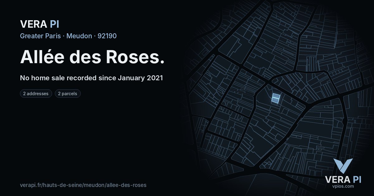Allée des Roses, Meudon at night – every parcel coloured by the prices around it, the street's own parcels lit