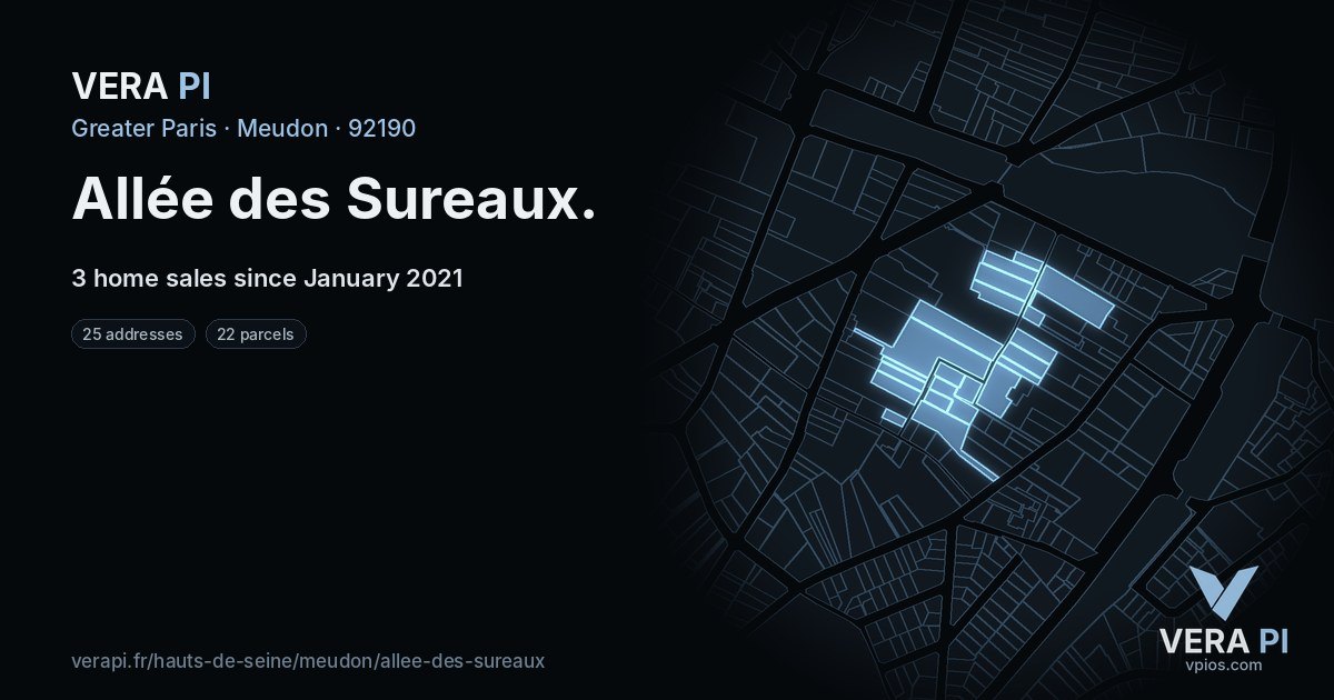 Allée des Sureaux, Meudon at night – every parcel coloured by the prices around it, the street's own parcels lit