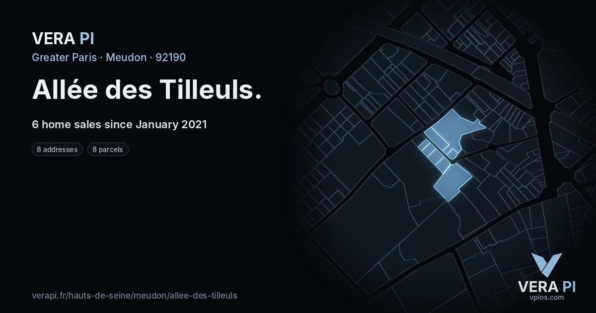 Allée des Tilleuls, Meudon at night – every parcel coloured by the prices around it, the street's own parcels lit