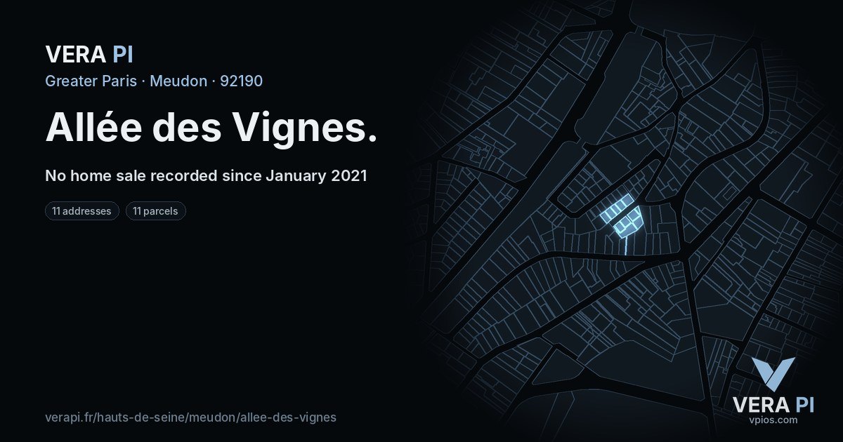 Allée des Vignes, Meudon at night – every parcel coloured by the prices around it, the street's own parcels lit