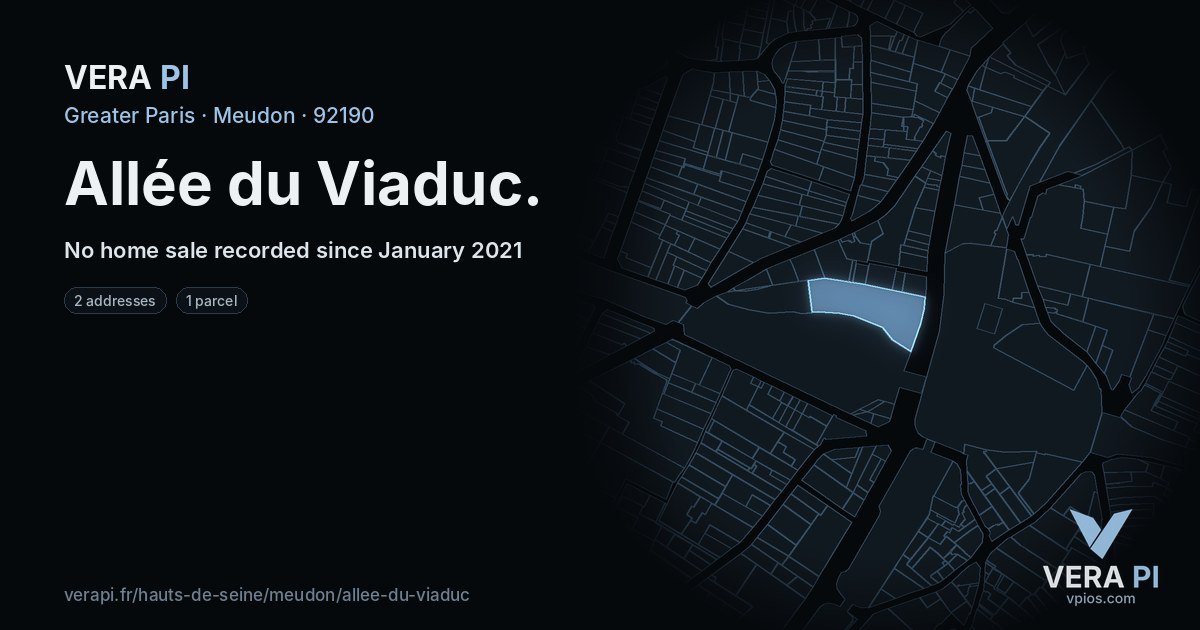 Allée du Viaduc, Meudon at night – every parcel coloured by the prices around it, the street's own parcels lit