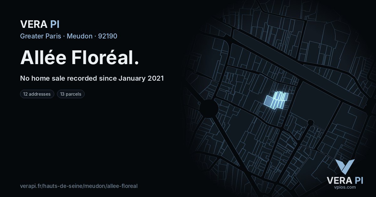 Allée Floréal, Meudon at night – every parcel coloured by the prices around it, the street's own parcels lit