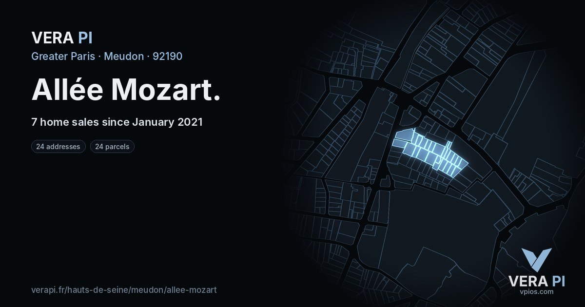 Allée Mozart, Meudon at night – every parcel coloured by the prices around it, the street's own parcels lit