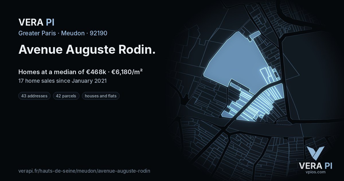 Avenue Auguste Rodin, Meudon at night – every parcel coloured by the prices around it, the street's own parcels lit