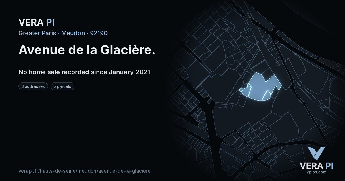 Avenue de la Glacière, Meudon at night – every parcel coloured by the prices around it, the street's own parcels lit