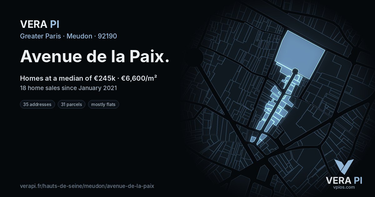 Avenue de la Paix, Meudon at night – every parcel coloured by the prices around it, the street's own parcels lit