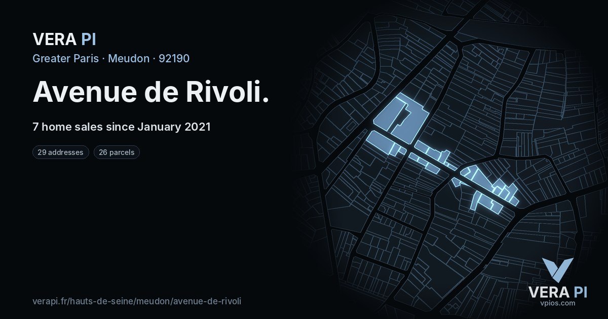 Avenue de Rivoli, Meudon at night – every parcel coloured by the prices around it, the street's own parcels lit